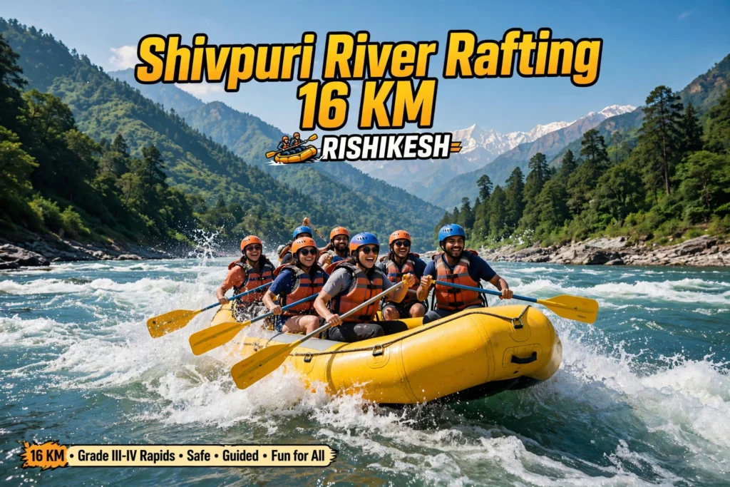 Shivpuri river rafting 16 km Rishikesh with group enjoying roller coaster rapid